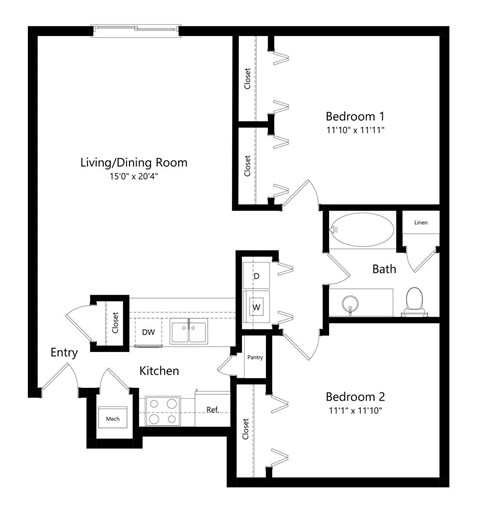 Floor plan for 2 beds, 1 bath, 957 sqft
